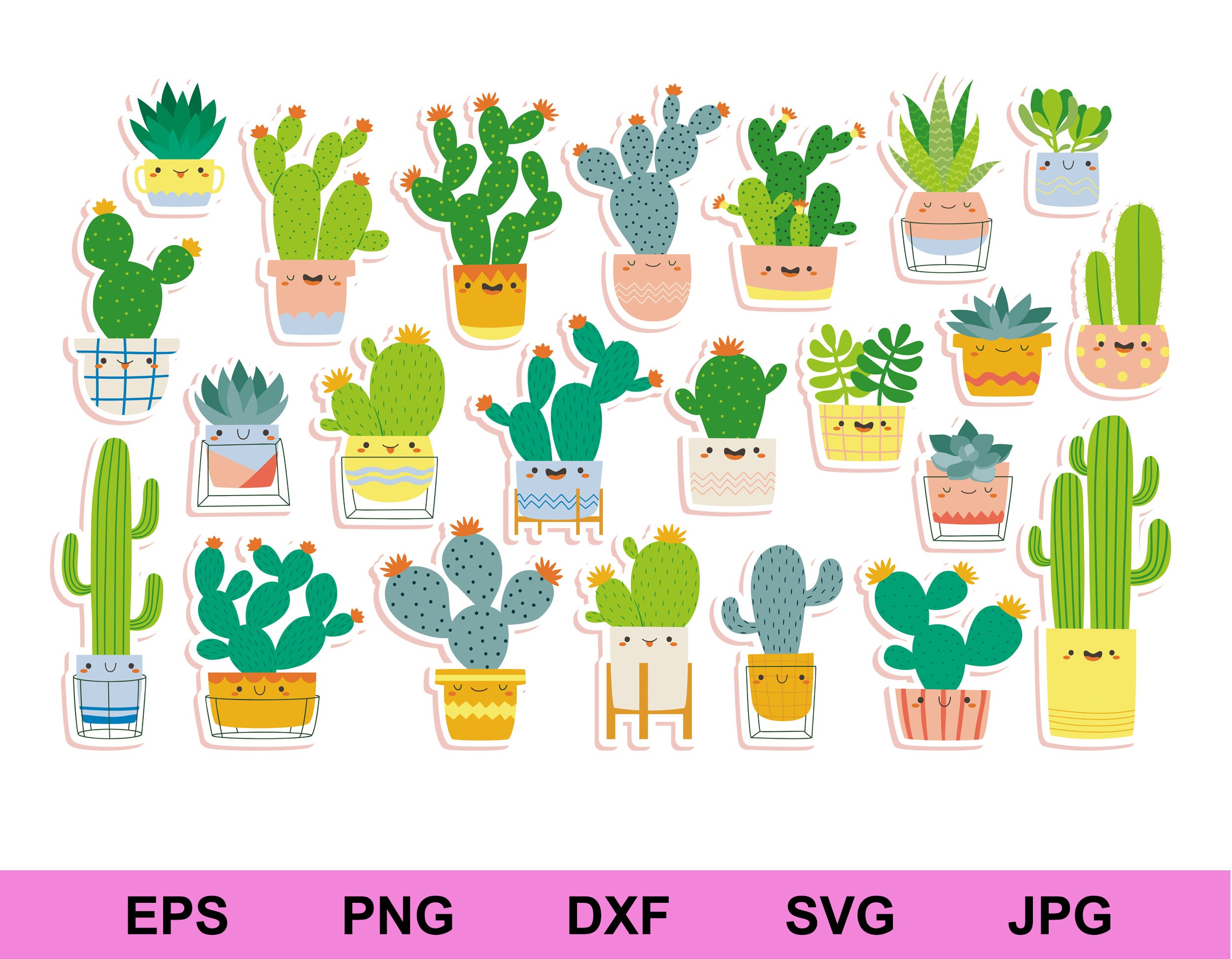 Cute cartoon plants cactus green leaves potted design elements | Etsy
