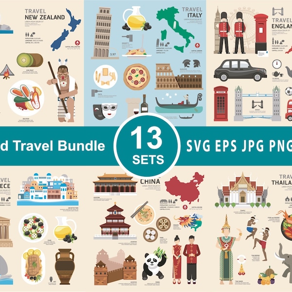 Discover the world travel tourism journey bundle svg, famous building landmarks collections, country traditional culture | digital download