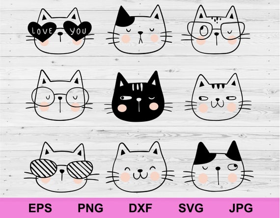 Set of cute funny cat heads in doodle style. Vector hand drawn