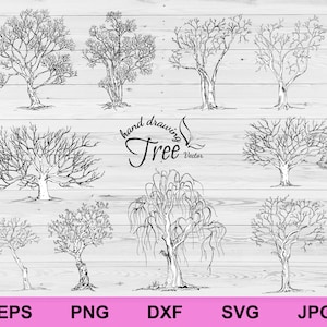 Elementi di design di alberi disegnati a mano in formato SVG, silhouette di albero disegnato a mano in formato SVG, file di taglio SVG per clipart di circuiti scaricabili digitalmente