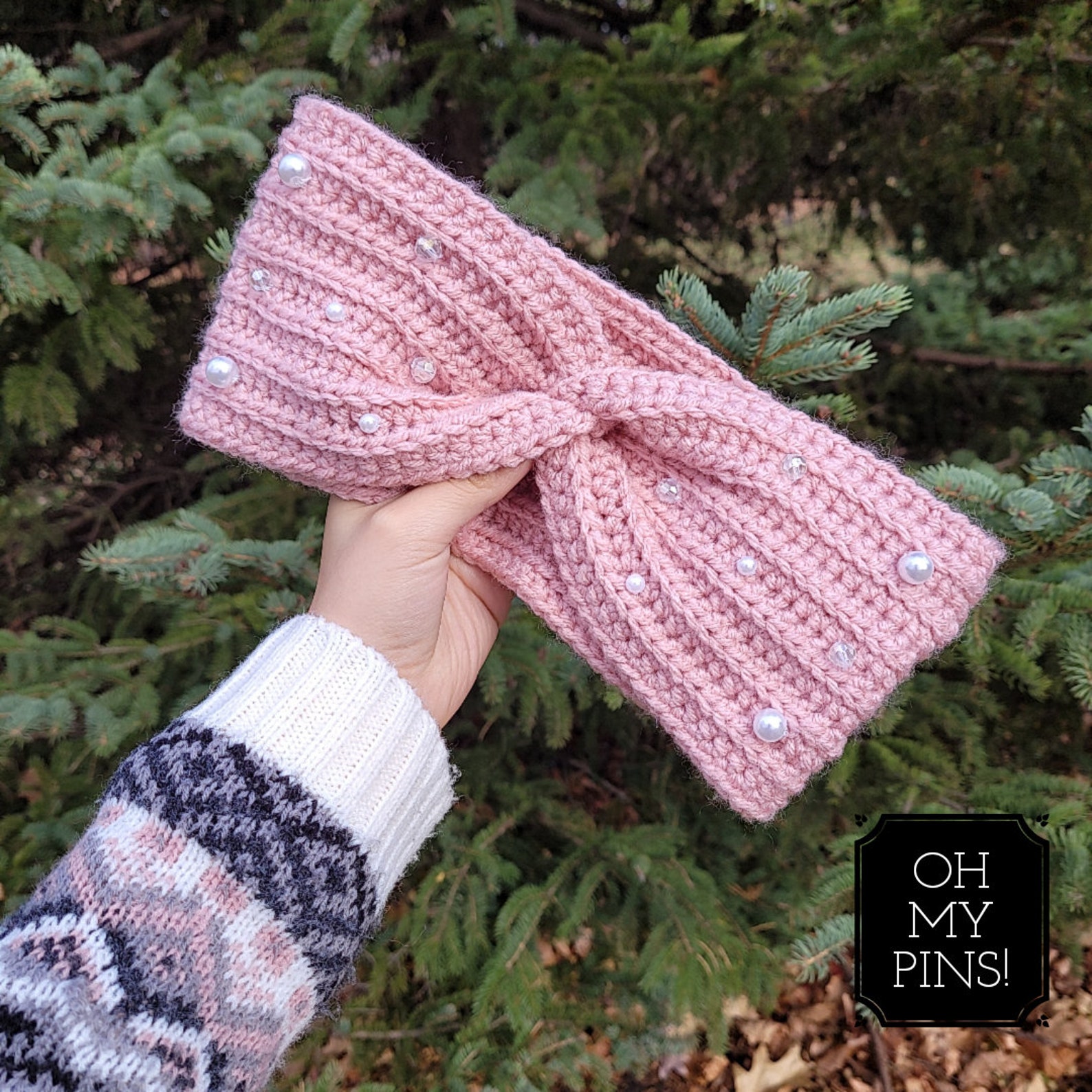 Winter headband/pink headband/ pink headband with pearls/ Etsy