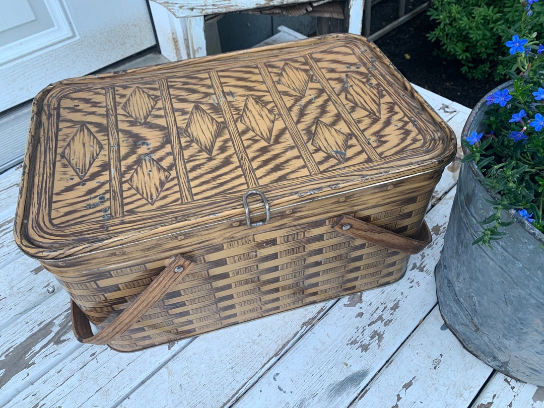 Vintage Tin Picnic Basket With Two Handles Etsy