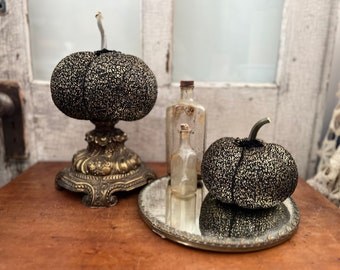 Set of Two Handmade Black Speckled with Gold Fabric Pumpkins