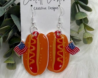 Hot Dog Earrings, Patriotic Dangle, 4th of July BBQ Summer Jewelry