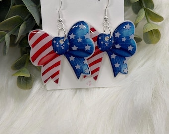 Patriotic Bow Earrings, Red White Blue Dangles, USA Flag Hypoallergenic Jewelry