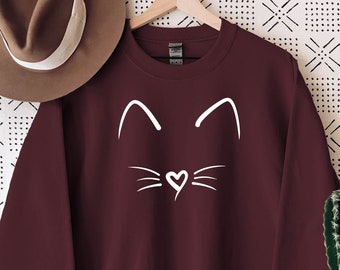 Cat Shirt Kitty Kitten Sweatshirt, Ladies Funny Present I Love Cats Animal Lover Sweatshirt Whiskers Face Sweatshirts cat face