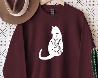 Floral Cat Silhouette Sweatshirt, Cat Sweatshirt, Floral Cat Sweatshirt, Cat cut sweatshirt, cat clipart sweatshirt, floral sweatshirt