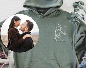 POCKET Custom portrait from photo, outline photo sweatshirt, Custom Photo, custom portrait. Sweats, Couple Hoodie,Valentines Day Sweats