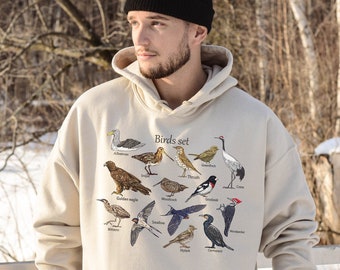 Botanical Bird Sweatshirt, Birds Set, Colorful Birds, Hoodie, Bird Lover Gift, T shirt Designs, Bird, Gift, Gift For Him, Gift For Her