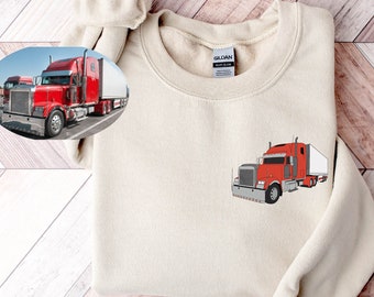 POCKET Custom Truck Drawing Sweatshirt, Custom Hand Drawn eighteen wheeler hoodie, semi truck portrait, Dad Gift,Valentine days gift