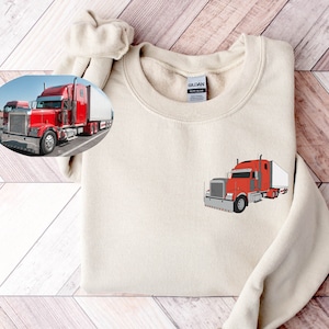 Custom Truck Drawing Sweatshirt, Custom Hand Drawn eighteen wheeler hoodie, semi truck portrait, Dad Gift,Valentine days gift, POCKET