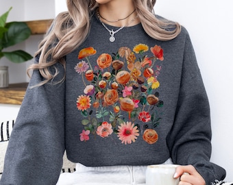 Cottagecore Pressed Flowers Sweatshirt, Boho Cottagecore Crewneck, Pastel Botanical Floral Pullover, Fairycore Wildflowers Sweatshirt