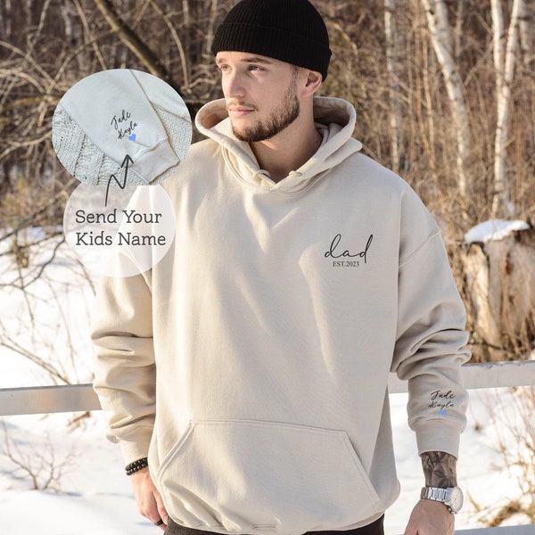 Custom Dad Est with Kids Names and Heart on Sleeve Sweatshirt,Dad Est Sweatshirt,Unique Gifts for Dad, Father's Day Gift