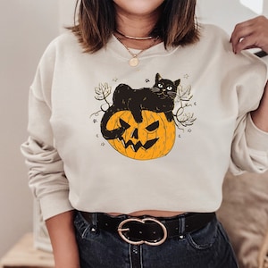 Black Cat on Pumpkin Sweatshirt, Halloween Sweatshirts Women, Halloween Hoodie, Cute Halloween Gifts, Witchy Gifts, Fall Sweatshirt