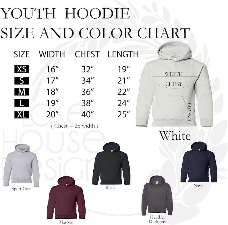May include: Youth hoodie size and color chart with measurements in inches. The chart shows sizes XS through XL with corresponding width, chest, and length measurements. The chart also shows a white hoodie, a sport grey hoodie, a maroon hoodie, a black hoodie, a heather dark grey hoodie, and a navy hoodie.