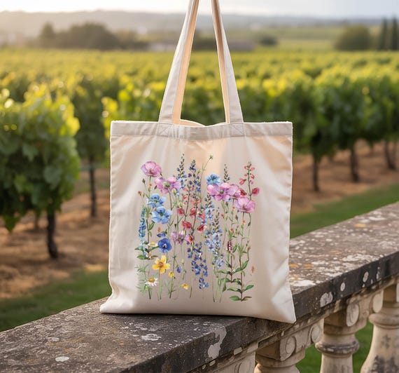 Wildflowers Canvas Tote Bag, Beach Tote Bag, Bachelorette Bags, Cottagecore Floral Tote Bag with Zipper, Bachelorette Bags, Tote Bag Bulk