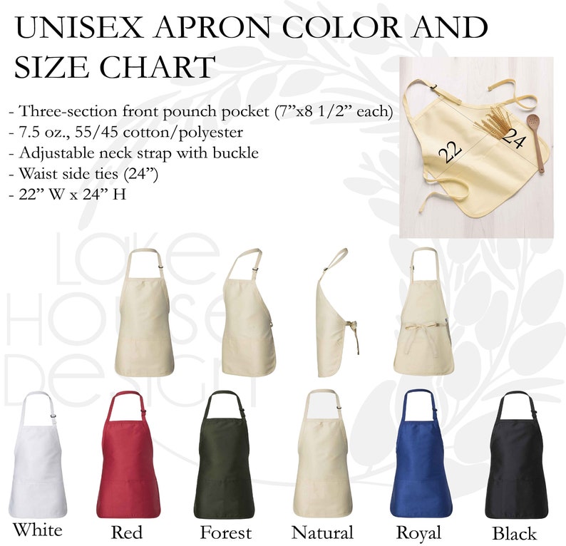 May include: A unisex apron with a three-section front pouch pocket, adjustable neck strap with buckle, and waist side ties. The apron is available in white, red, forest green, natural, royal blue, and black. The apron measures 22 inches wide by 24 inches high.