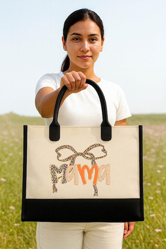 Fall Mama Tote Bag with Leopard Coquette Bow: Thanksgiving Gift for Mom, Mimi, Gigi, Nana, Autumn