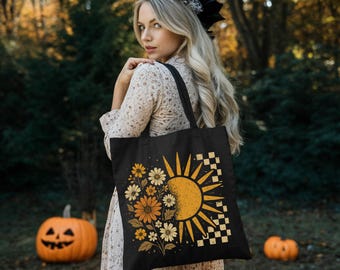 Fall Thanksgiving Floral Canvas Tote Bags for Women: Flower, Christmas, Garden, Cottagecore Sunflower Sunshine Checkered Bag