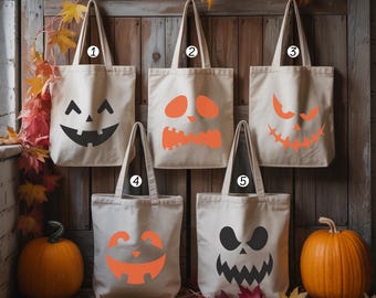 Personalized Pumpkin Face Trick or Treat Canvas Tote Bag: Halloween Party Gifts, Candy Sack
