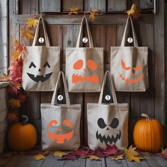 Personalized Pumpkin Face Trick or Treat Canvas Tote Bag: Halloween Party Gifts, Candy Sack