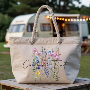 Bolsa de lona vintage con flores silvestres, bolsa de playa personalizada, bolsa de despedida de soltera, bolsa personalizada, bolsa de tela floral estilo cottagecore con cremallera