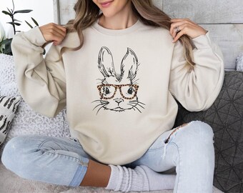 Leopard Print Bow Rabbit Design, Easter Jumper, Easter Bunny Sweatshirt, Easter Egg Hunt, Easter Gift, Women's Easter Gift, Easter Pullover