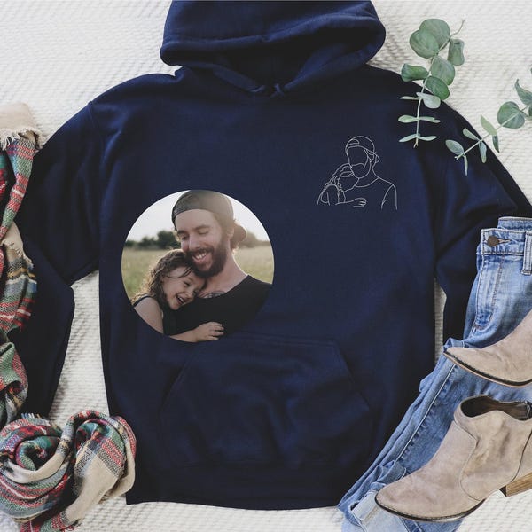Personalized Father's Day Sweatshirt with Portrait Line Art from Photo: Dad Memorial Hoodie