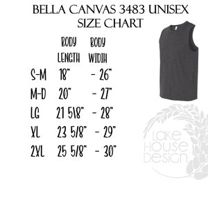 Peut inclure: Tableau des tailles pour d&eacute;bardeur unisexe Bella Canvas 3483. Le tableau indique les mesures de la longueur et de la largeur du corps en pouces pour les tailles S-M, M-D, LG, XL et 2XL.
