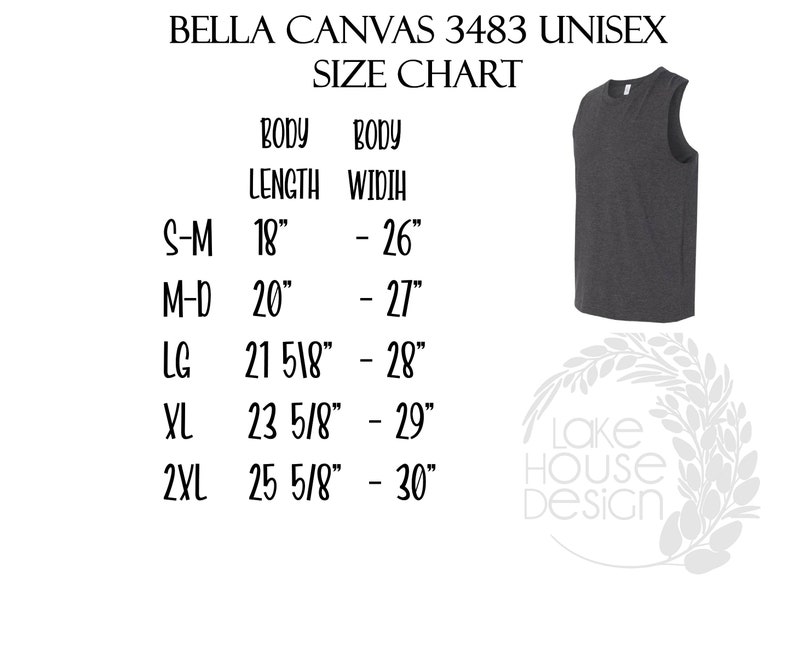 Peut inclure: Tableau des tailles pour d&eacute;bardeur unisexe Bella Canvas 3483. Le tableau indique les mesures de la longueur et de la largeur du corps en pouces pour les tailles S-M, M-D, LG, XL et 2XL.