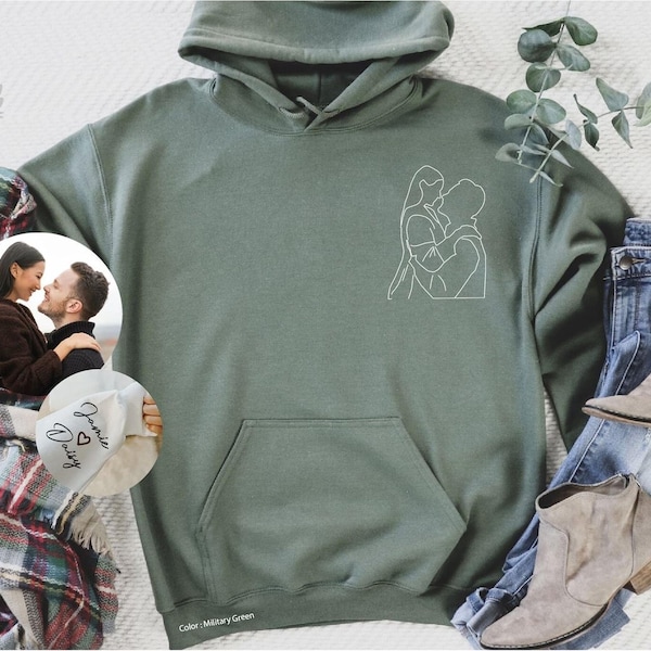 Sudadera con retrato personalizado a partir de una foto, dibujo lineal personalizado de pareja, sudadera con capucha familiar