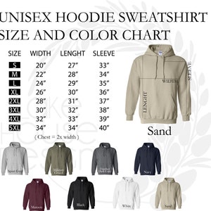 May include: Unisex hoodie sweatshirt size and color chart with measurements in inches. The chart shows the width, length, and sleeve length for sizes S through 5XL. The colors available are Sport Grey, Military Green, Heather Dark Grey, Navy, Maroon, Black, White, and Sand.