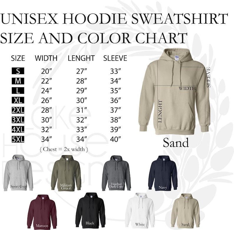 May include: Unisex hoodie sweatshirt size and color chart with measurements in inches. The chart shows the width, length, and sleeve length for sizes S through 5XL. The colors available are Sport Grey, Military Green, Heather Dark Grey, Navy, Maroon, Black, White, and Sand.