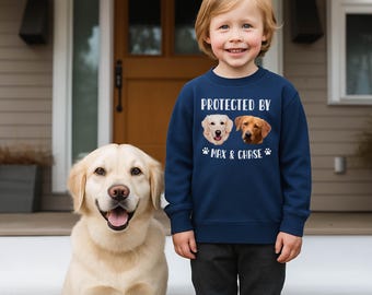 Custom Protected By Dog Kids Toddler Sweatshirt with Dog Name Portrait: Personalized Protected By Pets Youth Hoodie, Custom Dog Gifts