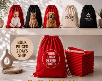 Custom Personalized Drawsting Backpacks with Logo Design, Photo or Text: Bulk Promotional Bags for Groups, Family, School, Small Business