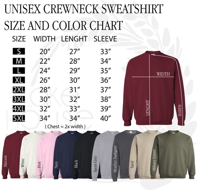 May include: Unisex crewneck sweatshirt size and color chart with measurements in inches. The chart shows sizes from S to 5XL with corresponding width, length, and sleeve measurements. The chart is displayed on a maroon sweatshirt with a white background. The colors available are maroon, white, pink, navy, black, sport grey, heather dark grey, sand, and military green.
