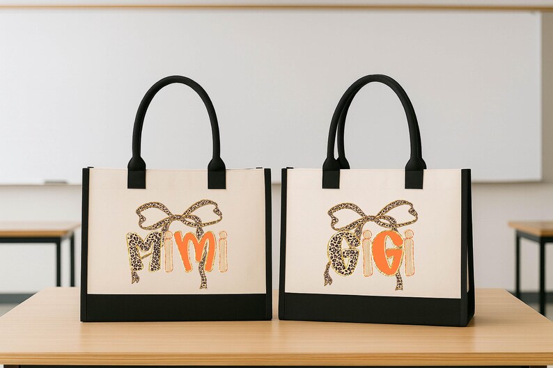 Two beige tote bags with black handles and leopard print designs, featuring the text "GIGI" in orange and black.
