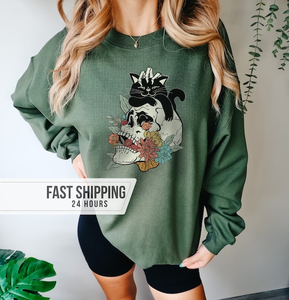 Skeleton Cat Sweatshirt, Cat Sweatshirt, Halloween Black Cat, Cat Lover Gift, Skeleton Hoodie, Cat Hoodie, Cat Sweatshirt For Women