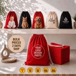 Personalized Drawstring Backpacks with Custom Logo, Photo or Text: Bulk Promotional Bags for Groups, Family, School, Small Business