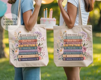 Custom Bookworm Tote Bag with Personalized Book Names: Librarian, Teacher Gifts for Readers