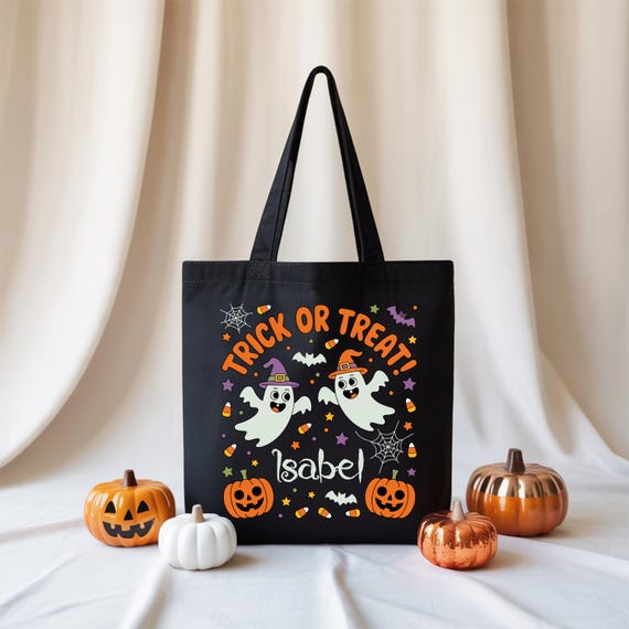 Personalization Trick or Treat bag with Kids Name, Halloween Tote bags for Kids, Canvas Tote Bag, Custom Halloween Gifts for Kids, Boo Tote