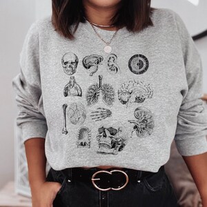 May include: Gray sweatshirt with a black and white anatomical illustration print featuring a skull, brain, heart, lungs, kidneys, and other organs.