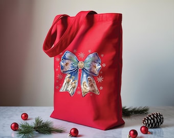 Christmas Nativity Scene Coquette Bow Tote Bag: Easter Jesus Crist Christian Gifts for Women