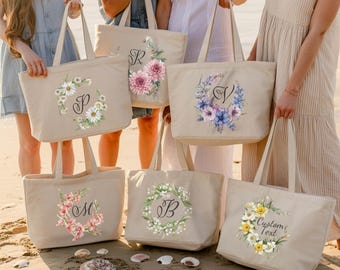 Personalized Birth Month Flower Tote Bags for Women: Birthday Tote Bag with Zipper, Bride Bridesmaid Tote