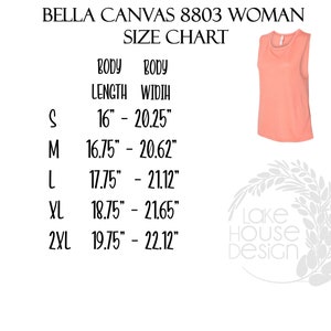Peut inclure: Tableau des tailles pour le d&eacute;bardeur femme Bella Canvas 8803. Le tableau indique les mesures de la longueur et de la largeur du corps en pouces pour les tailles S, M, L, XL et 2XL.
