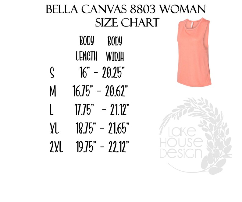 Peut inclure: Tableau des tailles pour le d&eacute;bardeur femme Bella Canvas 8803. Le tableau indique les mesures de la longueur et de la largeur du corps en pouces pour les tailles S, M, L, XL et 2XL.