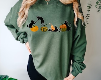 Fall Sweatshirt, Cat Sweatshirt, Pumpkin Shirt, Black Cat Shirt, Halloween Cat hoodie, Cat Lover Gifts, Halloween Sweater
