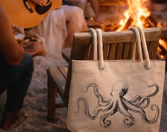 Beach Tote Bag with Octopus Art for Women: Custom Nautical Ocean Lover Gift, Deep Sea Creatures