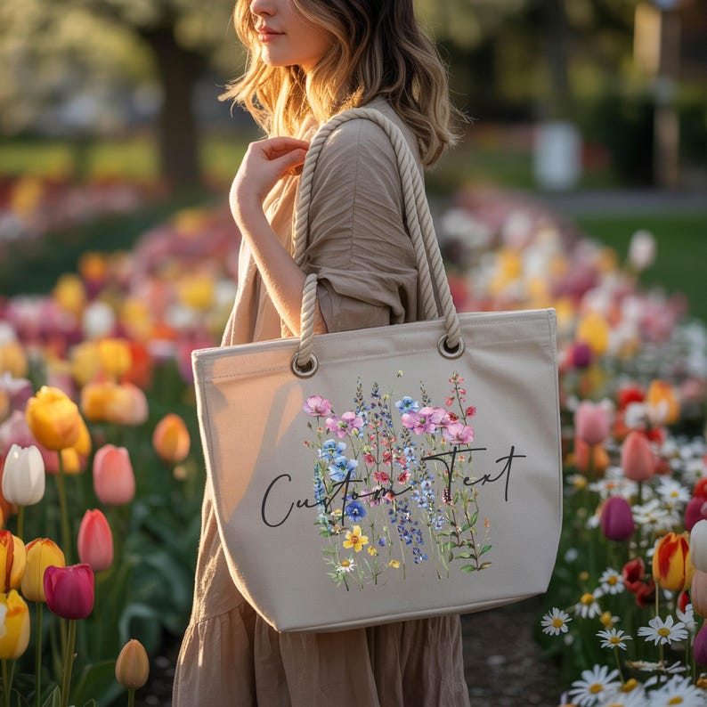 A woman is standing in a garden filled with colorful flowers, carrying a large tote bag with a floral design printed on it.