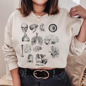 May include: A white cropped sweatshirt with a black anatomical illustration of various organs and a skull. The sweatshirt has a black belt with silver buckles.